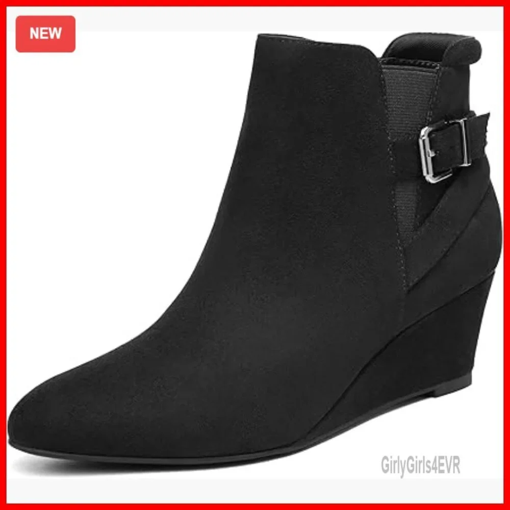 Women's Wedge Ankle Boots Low Heel Booties Buckle Strap Zipper Closure